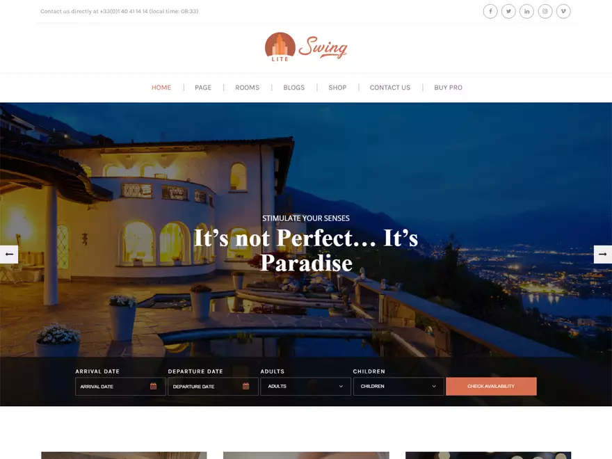 Swing Lite - Best Free Hotel Resort and BnB WordPress Themes - bed and breakfast website template