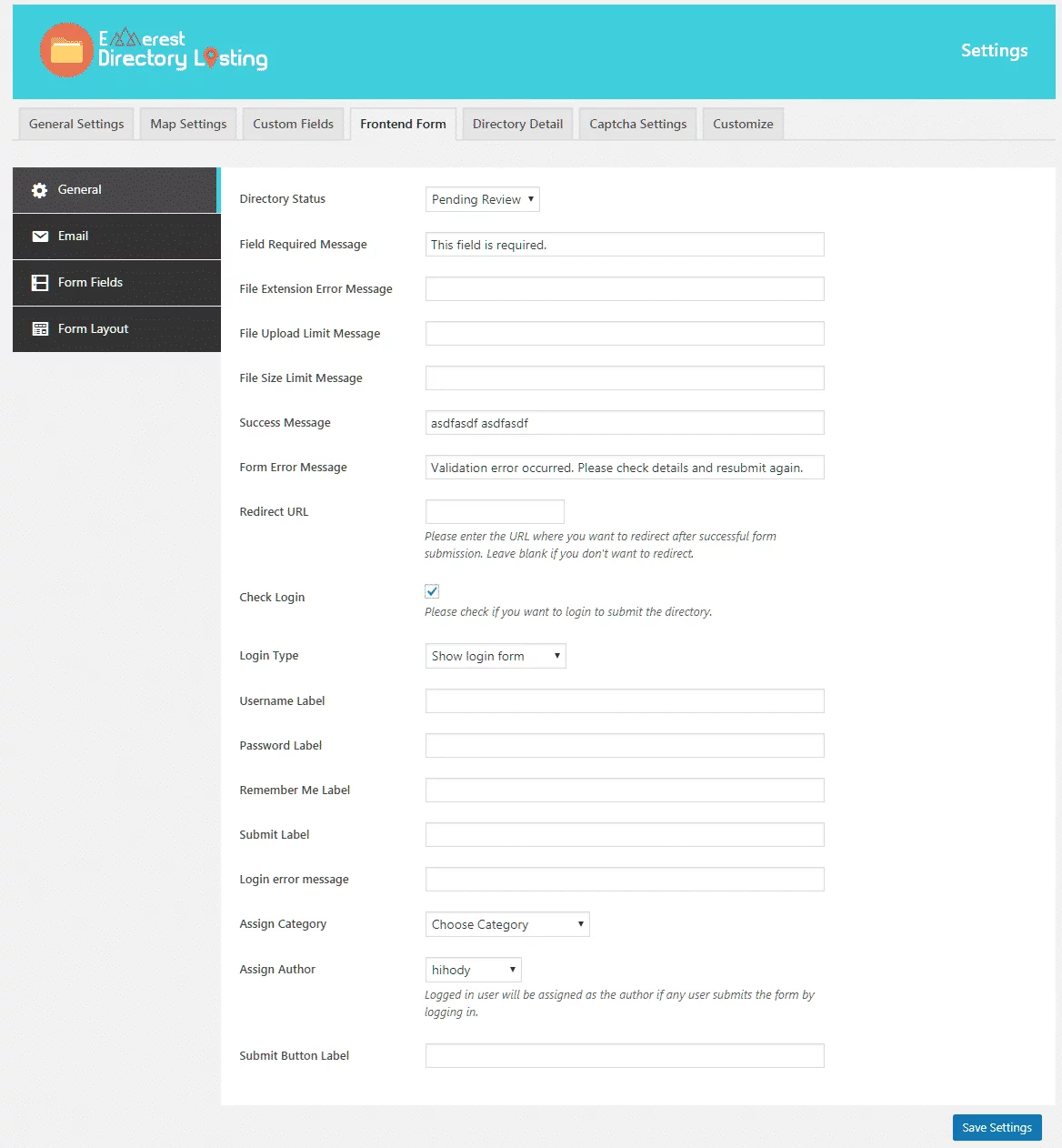 Everest Business Directory: Form General Settings