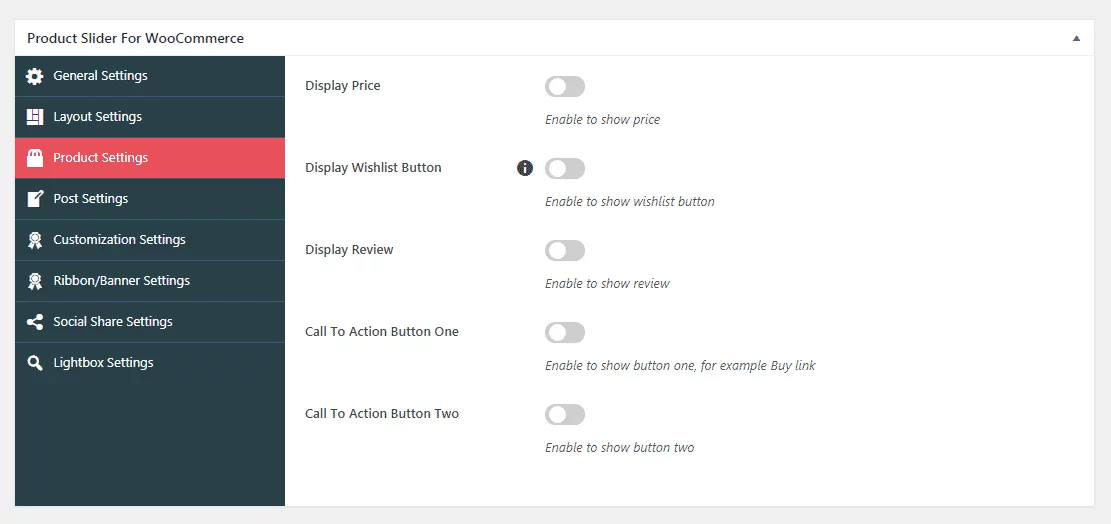 Product Slider for WooCommerce: Product Settings