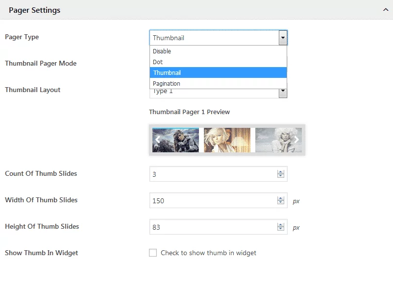 WP1 Slider Pro: Pager Settings