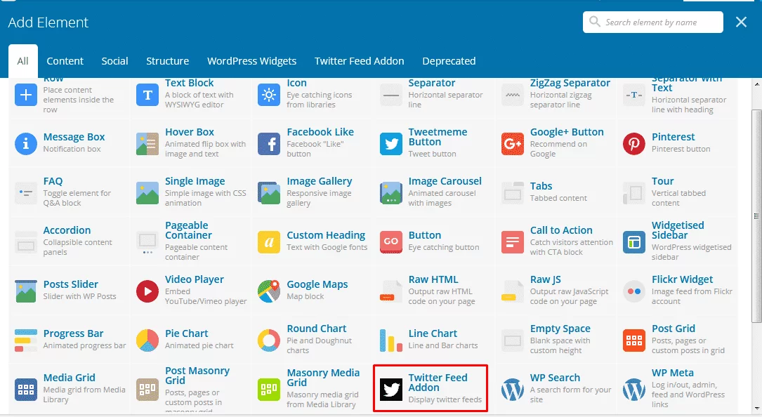 Twitter Feed Addon for Visual Composer: Add Element