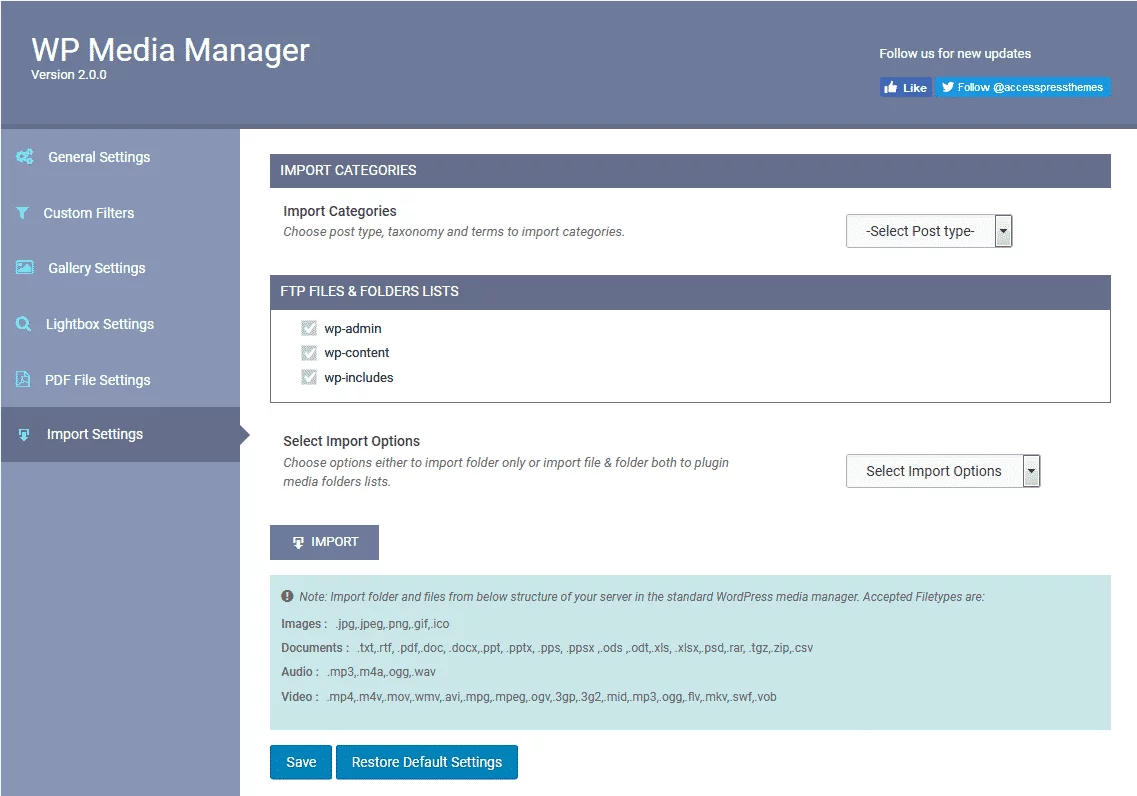 WP Media Manager: Import Settings