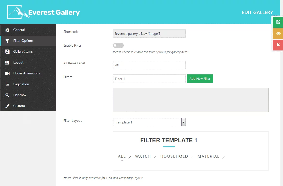 Everest Gallery: Filter Options