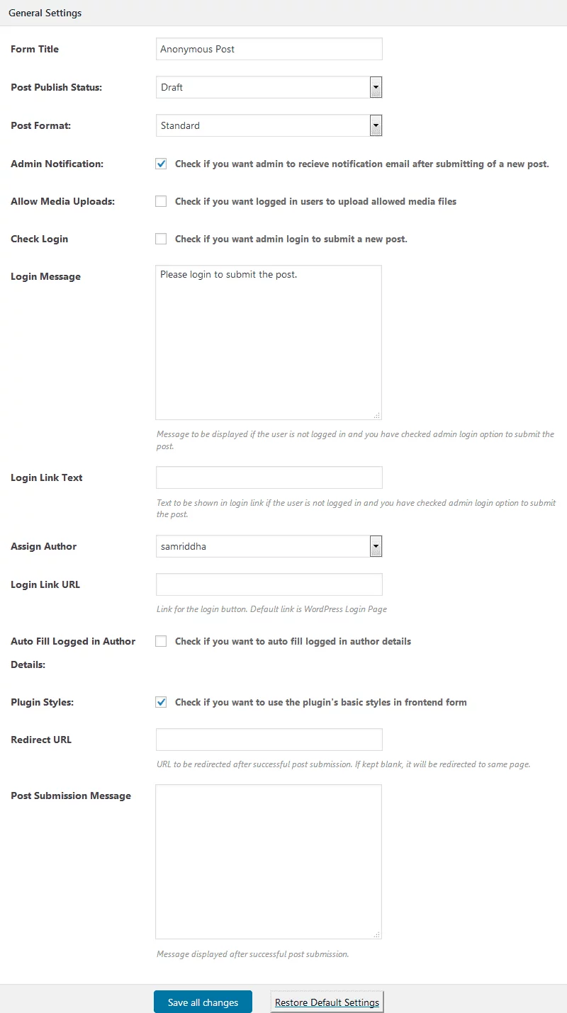 AccessPress Anonymous Post: General Settings
